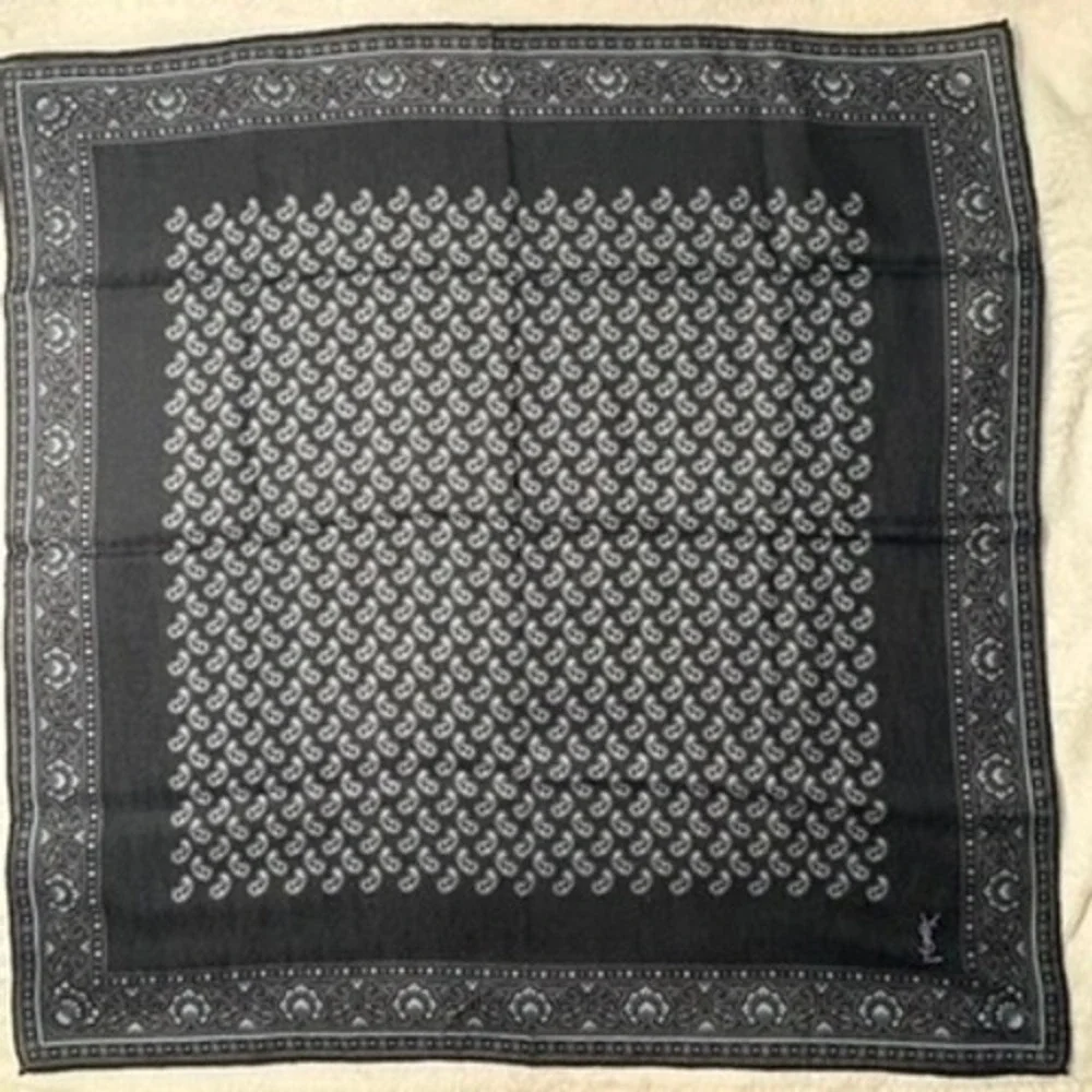 Vtg YVES SAINT LAURENT Scarf Handkerchief Paisley Black 21